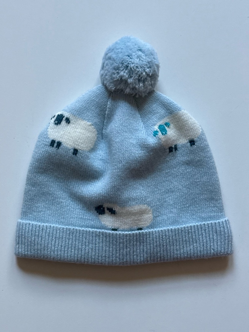 Jacadi Baby Boy Light Blue Knit Hat with Sheep Motif and Pom-Pom - Size 12M